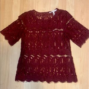 BCBG burgundy sheer lace top